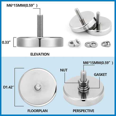 Flutesan Neodymium Round Magnet with M6 Male Thread, 90 lb or 150 lb Round Magnet with Bolt Stud for Lighting, Camera