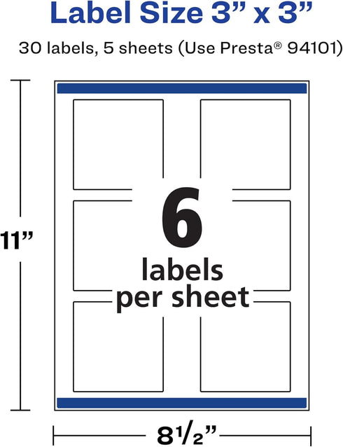 Avery Durable Waterproof Square Labels, 3" x 3", 30 Total, Oil and Tear-Resistant, Laser/Pigment-Based