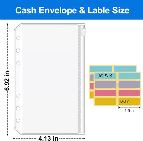 KTRIO 16PCS A6 Binder Pockets, Clear Zipper Pouch Folders, 6 Holes Cash Envelopes for Budgeting, Waterproof PVC Bags