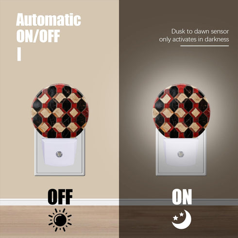 LED Night Lights Lamp with Dusk to Dawn Sensor, Vintage Floor Tiles in Black, Red and Beige Night Light Plug Into Wall