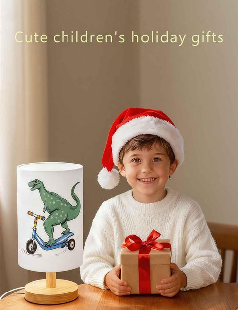 3 Bulb Dinosaur Lamp, Dinosaur Decor Boys Room, Color Night Light Wood Nightstand Desk Base Flaxen Fabric Shade