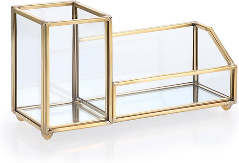 Hipiwe Glass Business Card Holder with Pen Pencil Cup, Gold Metal Name Card Display Organizer for Office Desk