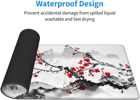 Watercolor Cherry Blossom Mouse Pad 31.5x11.8 Inch, Pink Full Desk, Non-Slip Rubber Base, Waterproof Big Keyboard Mat