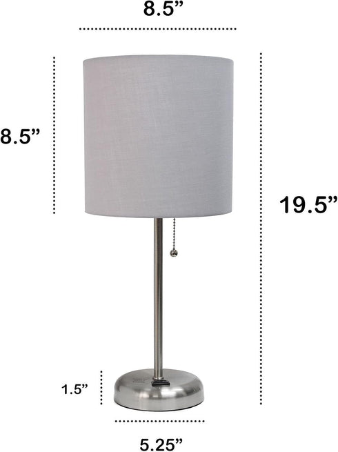 19.5" Oslo Contemporary Bedside Power Outlet Base Standard Metal Table Desk Lamp in Brushed Steel with Gray Drum Fabric