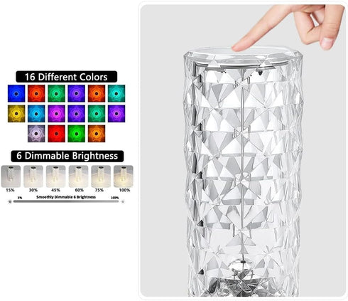 WeFoonLo Rose Diamond Table Lamp RGB Color Changing Crystal Night Light, Touch Control Bedside Lamp with USB