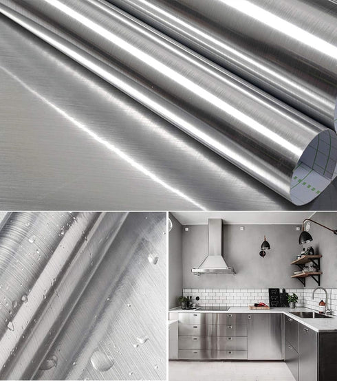 17.7''x197'' Silver Wallpaper, Stainless Steel Contact Paper Peel and Stick Waterproof Removable for Kitchen Countertop