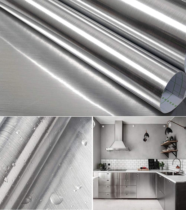 17.7''x197'' Silver Wallpaper, Stainless Steel Contact Paper Peel and Stick Waterproof Removable for Kitchen Countertop