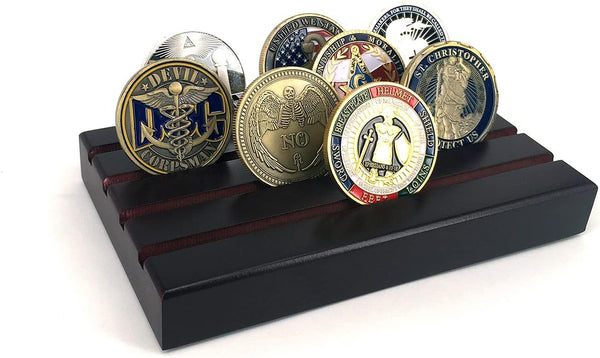 Glamtune 4 Rows Coin Holder, Military Coin Display Stand Rack (Wood)