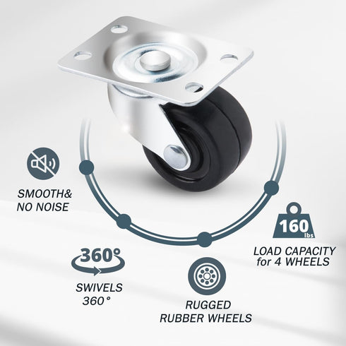2 Inch Set 4 160 lbs (17210) POWERTEC Swivel Caster Wheels of with Loads, Heavy Duty Plate Casters, Rubber Castor
