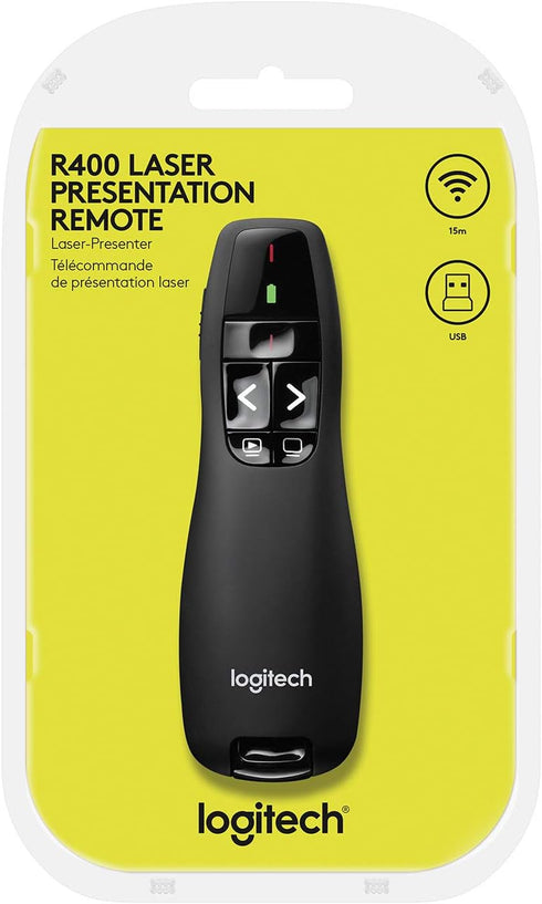 Logitech R400, Wireless Presenter USB-A PowerPoint Clicker with Laser Pointer, Wireless Presentation Clicker Remote