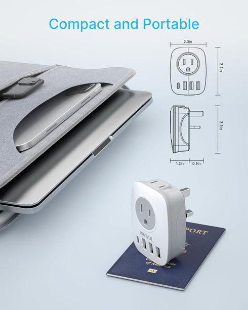 VINTAR UK Ireland Travel Plug Adapter, Type G with 1 USB C, 3 USB Ports, 2 Outlets for USA to England