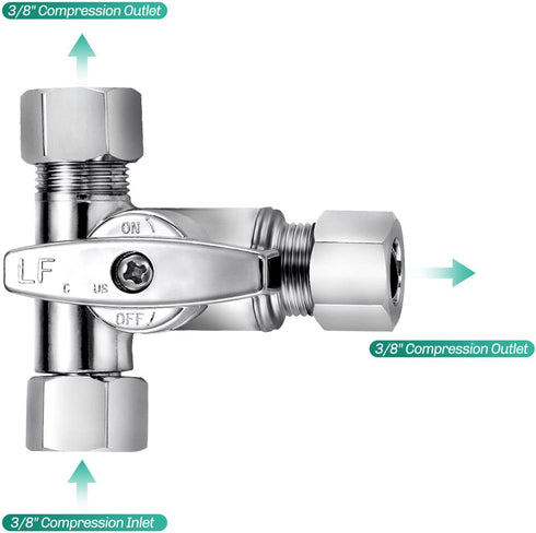 Lead-Free Brass Chrome-Plated Add-A-Tee 3-Way Angle Stop Valve, 3/8 Inch for Water Filters