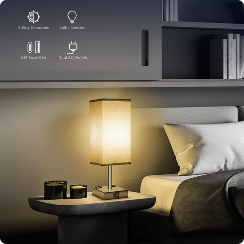 3 Dimmable Bulb Soilsiu Bedside Lamp with USB Ports - Touch Control Table Lamp for Bedroom with USB C+A Charging Ports