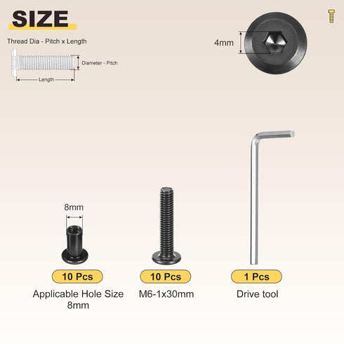 METALLIXITY Set Wrench(M6-1x30mm) 20Pcs, M6 Furniture Crib Screws Replacement with Connector Bolts Screw Barrel Nuts