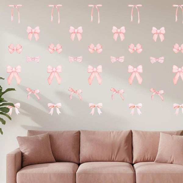 Aeaocvo 28 Pcs Pink Bow Wall Stickers, Bow Room Decor for Girls, Peel
