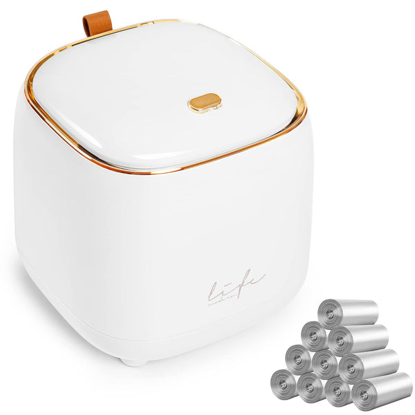 Mini Countertop Trash Can with 10 Rolls of Trash Bags - Waste Can with Press Type Lid for Bathroom Vanity, White