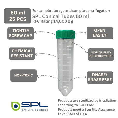 SPL 50ml Conical Centrifuge Tube PP/HDPE with PP Racks, Sterile,Non - pyrogenic, Non - cytotoxic, DNase/RNase - Free, Human DNA - Free (1 Rack (25 Tubes))