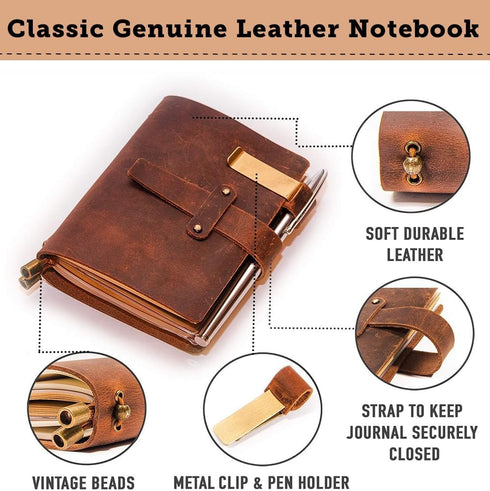 Leather Writing Journal Notebook - Handmade Refillable Travel Diary, 5.3" x 4", 180 Pages, Pen Holder, Card Holder for