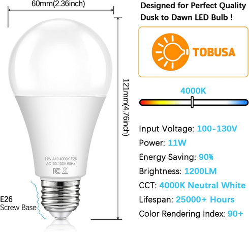 TOBUSA Dusk to Dawn Sensor Light Bulb, A19 LED, 100W Equivalent, E26 Sensor Bulbs, 4000K, 11W, 4-Pack