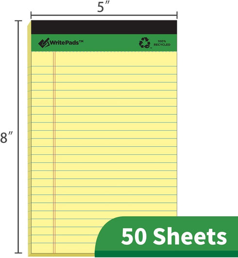 KAISA Legal Pad Writing Pads, Narrow Ruled 5"x8" 50 Sheets Perforated Recycled Paper Notepad, Yellow/Canary (12 pads)