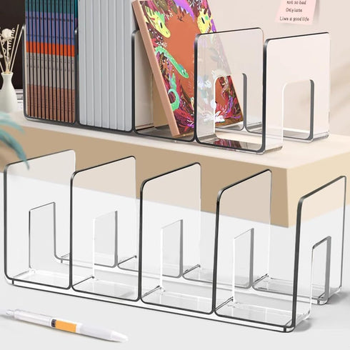 Qsvbeeqj 4 Acrylic Book End for Shelves Compartments Book End Desk Book Stopper Magazine Stand Space Saving Book