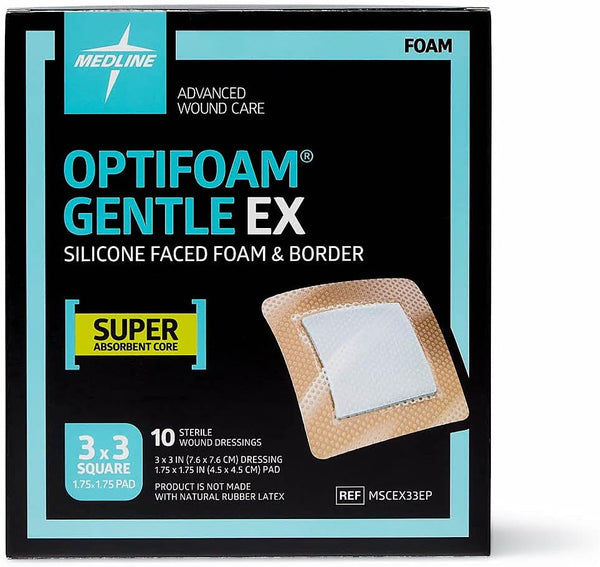 Medline Optifoam Gentle EX Bordered Foam Adhesive Dressing, 3" x 3" Square