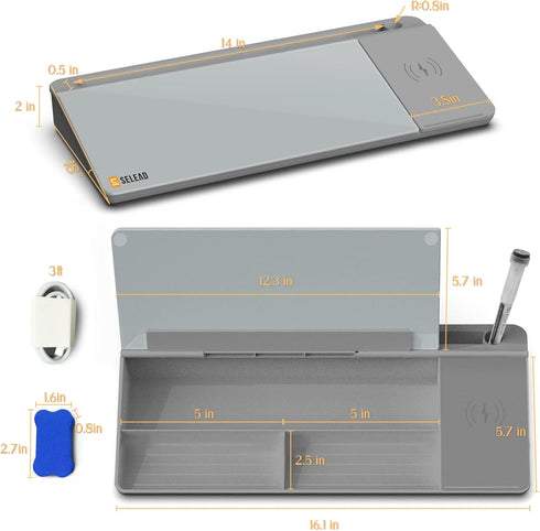 SELEAD Desktop Glass Whiteboard with Wireless Charger Station, Dry Erase Board for Home, School, Office Desk