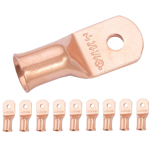 SELTERM 10pcs 3/0 AWG - 1/4" Stud Battery Lugs, Heavy Duty Wire Lugs, UL Bare Copper Eyelets