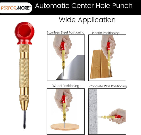 Performore Automatic Center Hole Punch, Hardened Steel with Adjustable Spring, Hand Tool for Metal or Wood