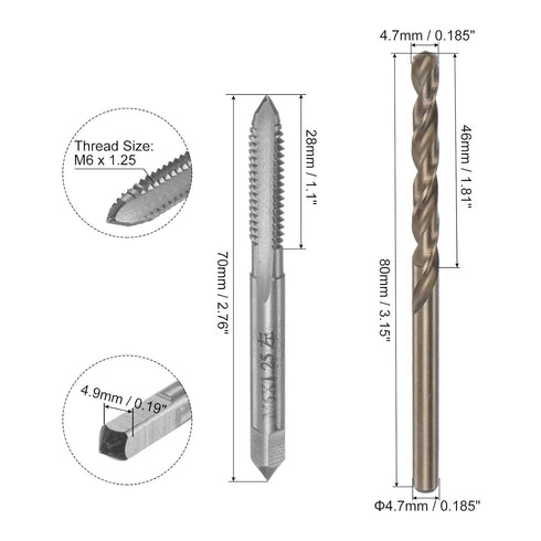uxcell Tap & Bit Sets, M6 x 1.25 H2 Left Hand Straight Flute Machine Thread Milling Tap, 4.7mm M35 Cobalt High Speed Steel (HSS-CO) Twist Drill Bit