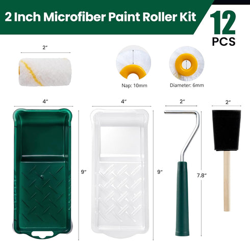 12 Pack, 2 Inch Paint Roller Kit, Mini Paint Rollers, Small Paint Tray Liners, Microfiber Roller Covers & Sponge Brush