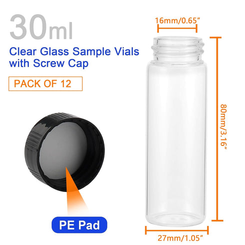 12 Pack of 3 inches, 30 ML, Clear Glass Bottles Storage Container Sample Cosmetic Vials with Black Screw Caps