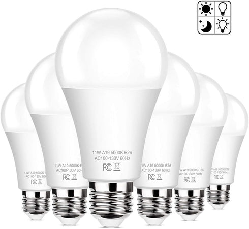 6-Pack Dusk to Dawn LED Light Bulbs, A19 11W (100Watt Equivalent), E26 Basic, 1200LM, Daylight White 5000K