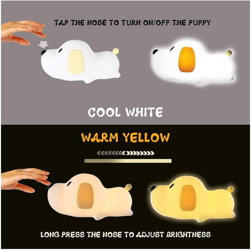 LED Kids Night Light, Cute Puppy Soft Silicone Baby Nursery Lamp-USB Rechargeable, Color Temperature and Brightness