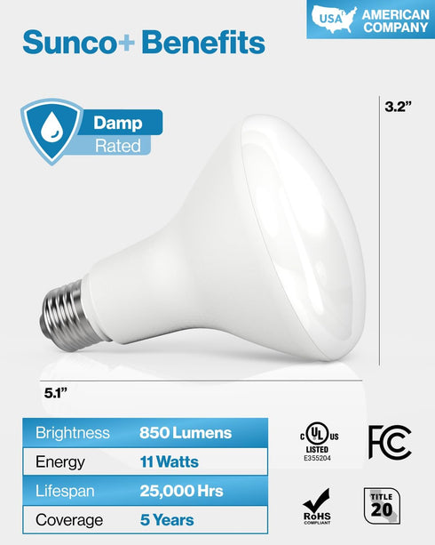 Sunco 10 Pack BR30 LED Bulbs, 11W Equivalent, 65W Indoor Flood Lights, 2700K Soft White, E26 Base, 850 Lumens
