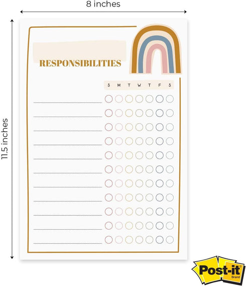 Modern Rainbow Responsibility Chart Sticky Note Pad, 50 Sheets, 8" x 11.5" Boho Chore Tracker Checklist