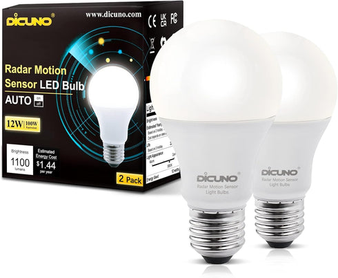 DiCUNO Radar Motion Sensor Light Bulbs, 12W (100W Equivalent), Daylight White 5000K, 1100 LM, A19 E26, 2-Pack