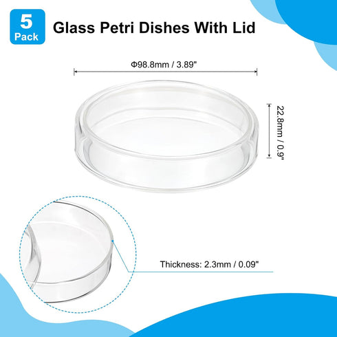 PATIKIL 90mm High Borosilicate Glass Petri Dishes with Lids, 5 Pcs for Lab Science Experiment