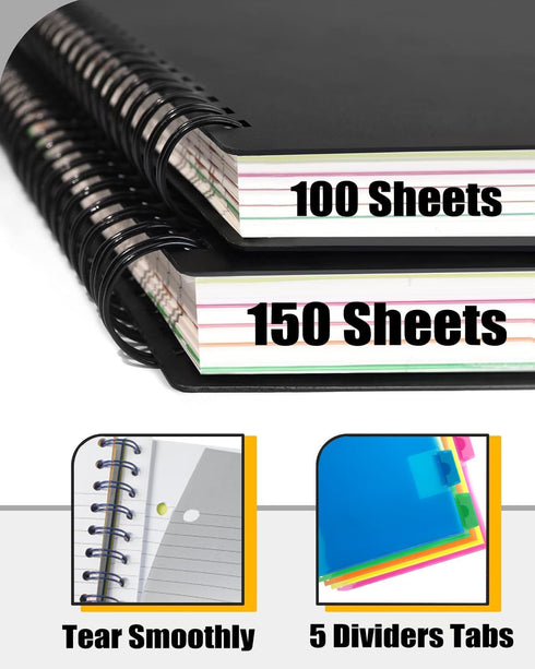 Spiral Notebook - 5 Subject Notebook, College Ruled Notebook With Dividers Pocket, Tabs Label, 11" Ruler, 300 Pages, for Writing Journal, Home & Office, School Supplies, 8.5''x11''Black by MOWEE