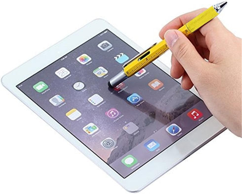 Multifunction Tool Pen, 6 in 1 with Ballpoint Pen, Touch Screen Stylus, Ruler, Spirit Level, Screwdrivers, Yellow +