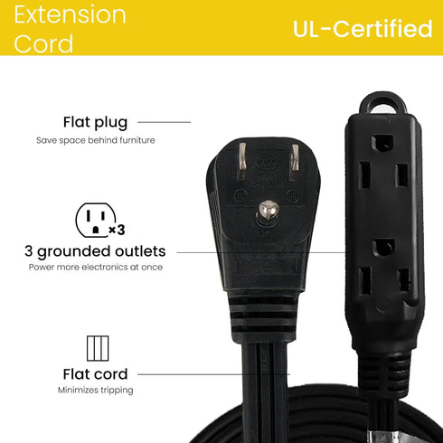 8 ft Black Extension Cord with 3 Outlets, 16AWG Flat Plug, 3 Prong Grounded Power Cable for Home, Office