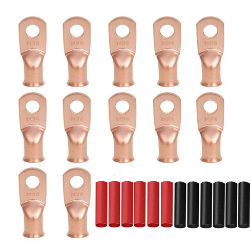 12PCS 2x5/16 Copper Ring Terminal Connectors, 2 AWG Heavy Duty Battery Cable Ends with 12 PCS Heat Shrink Tubing