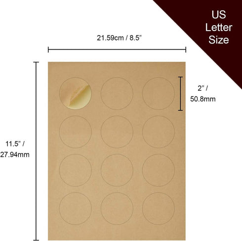 Round Kraft Labels Stickers, Printable Paper Brown Color, 2 Inches, Pack of 240 Labels - 20 Sheets