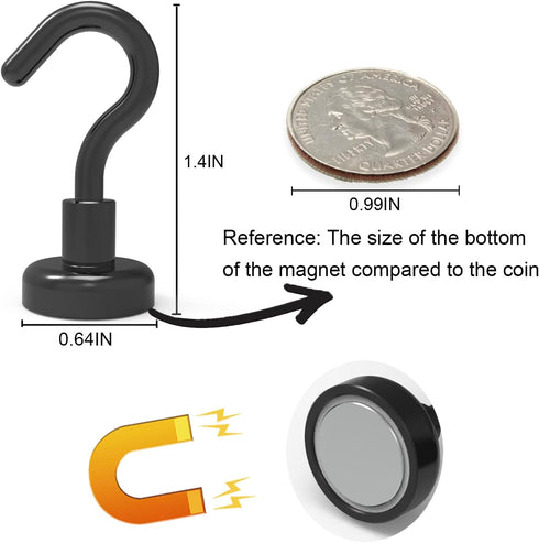 Black Magnetic Hooks, Strong Neodymium Rare Earth Magnets for Hanging, Holder, Keys, Storage, Door, Office, BBQ, Cruise