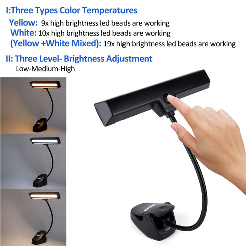 19 3 Settings, 3 Rechargeable Music Stand Light, LEDs Clip On Reading Light - Level Brightness Color Temperature