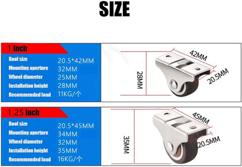ZX@Casters 1 Inch 4 Packs, Silent Caster Rubber Directional Wheel | Suitable for Small Bed Bottom Tatami Drawer Pulley