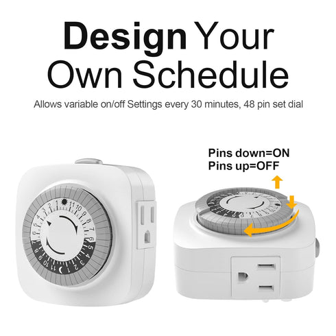 24 Hour Indoor Mechanical Timer - 2 Ground 3 Plug Socket Timer, 30 min Daily on/Off Cycle for Lamps, 2 Pack