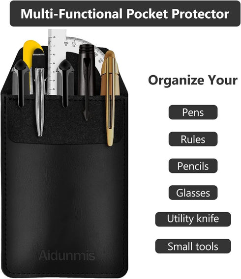 Pen Pocket Protector, 2 Pieces PU Leather Pocket Pen Holder Organizer for Shirts, Lab Coats, Multi-Purpose (Black)