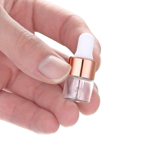 30 Pcs Clear Glass Dropper Bottles - Essential Oil Sample Bottles with Rose Gold Lids (1ml)