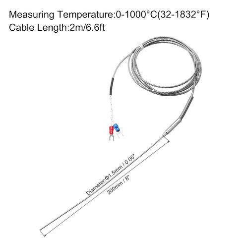MECCANIXITY K Type Thermocouple Temperature Sensor Probe 1.5x200mm 6.6ft Wire 0 to 1000°C(32 to 1832°F) Stainless Steel